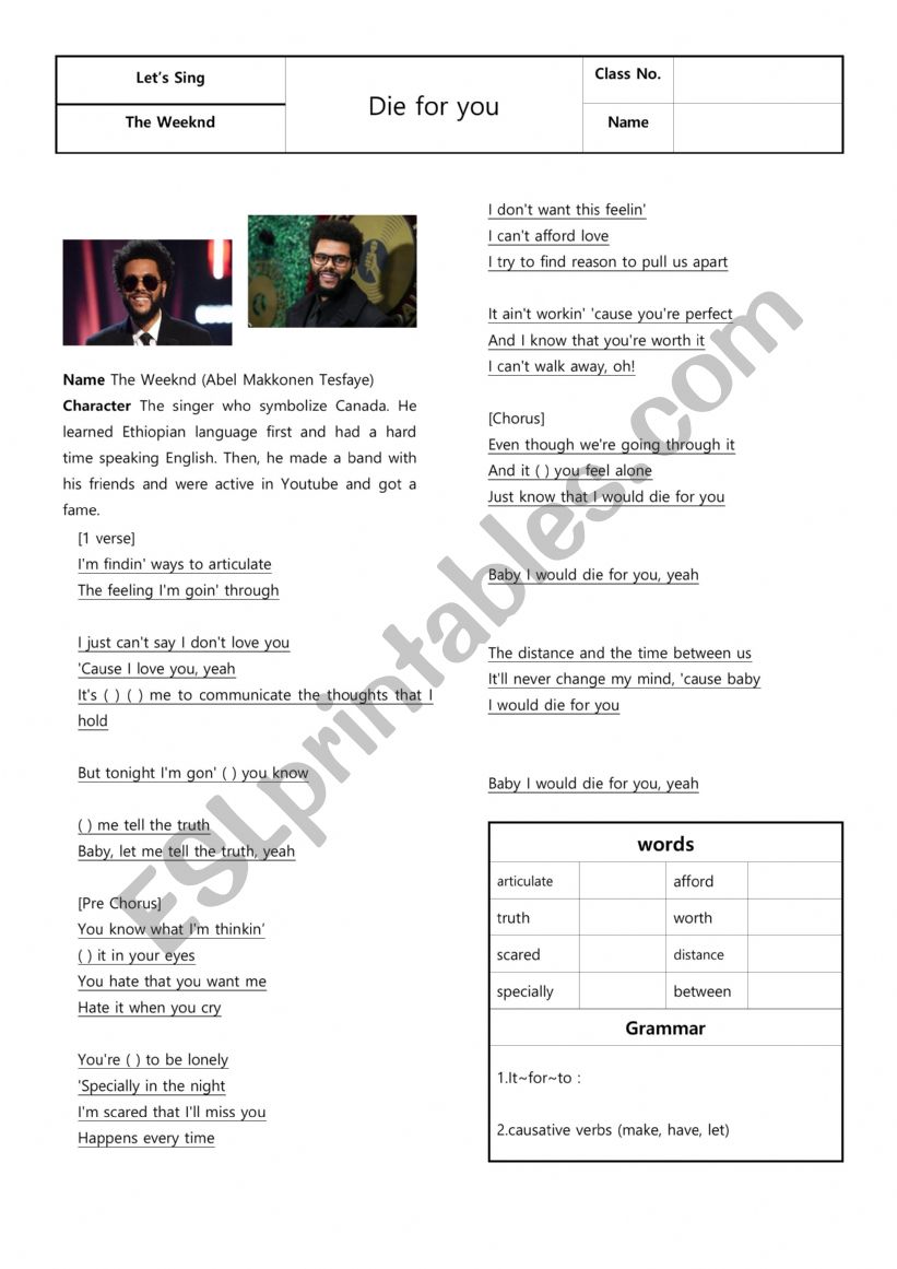 The Weekend-Die for you worksheet