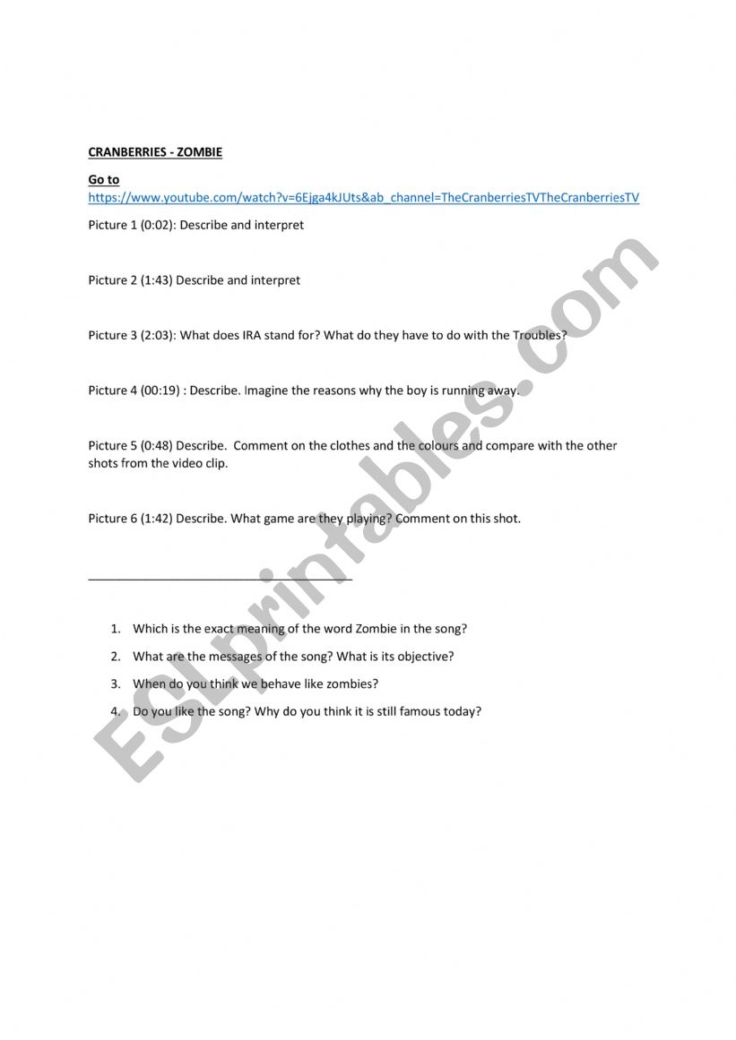 Zombie video clip analysis worksheet