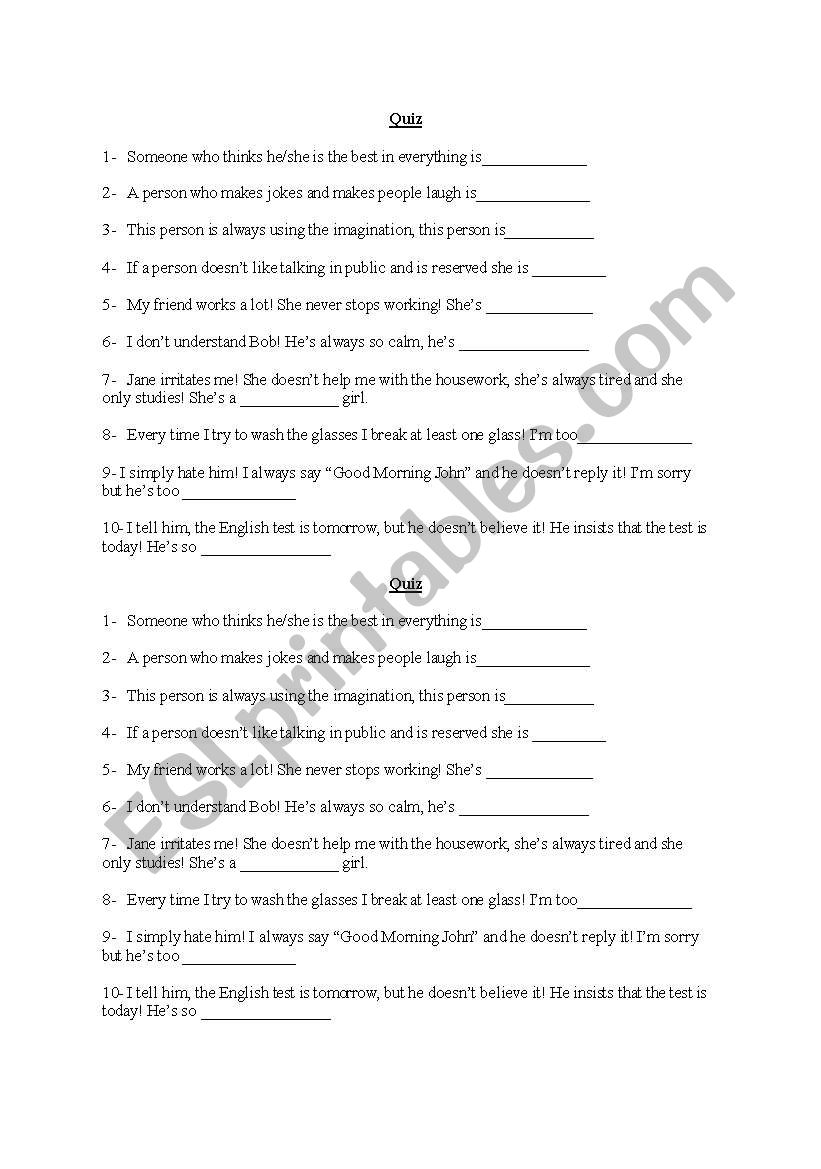 English worksheets: adjective quiz