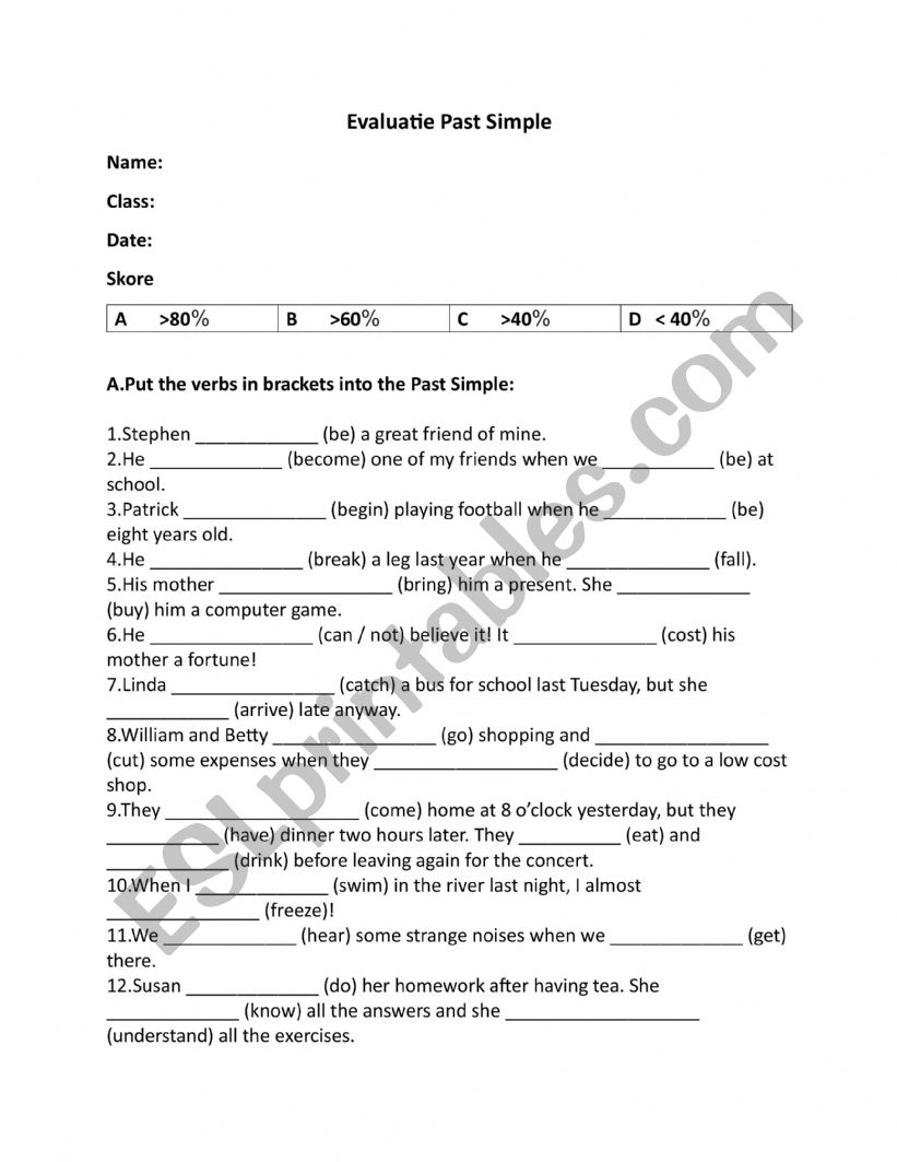 past simple test worksheet