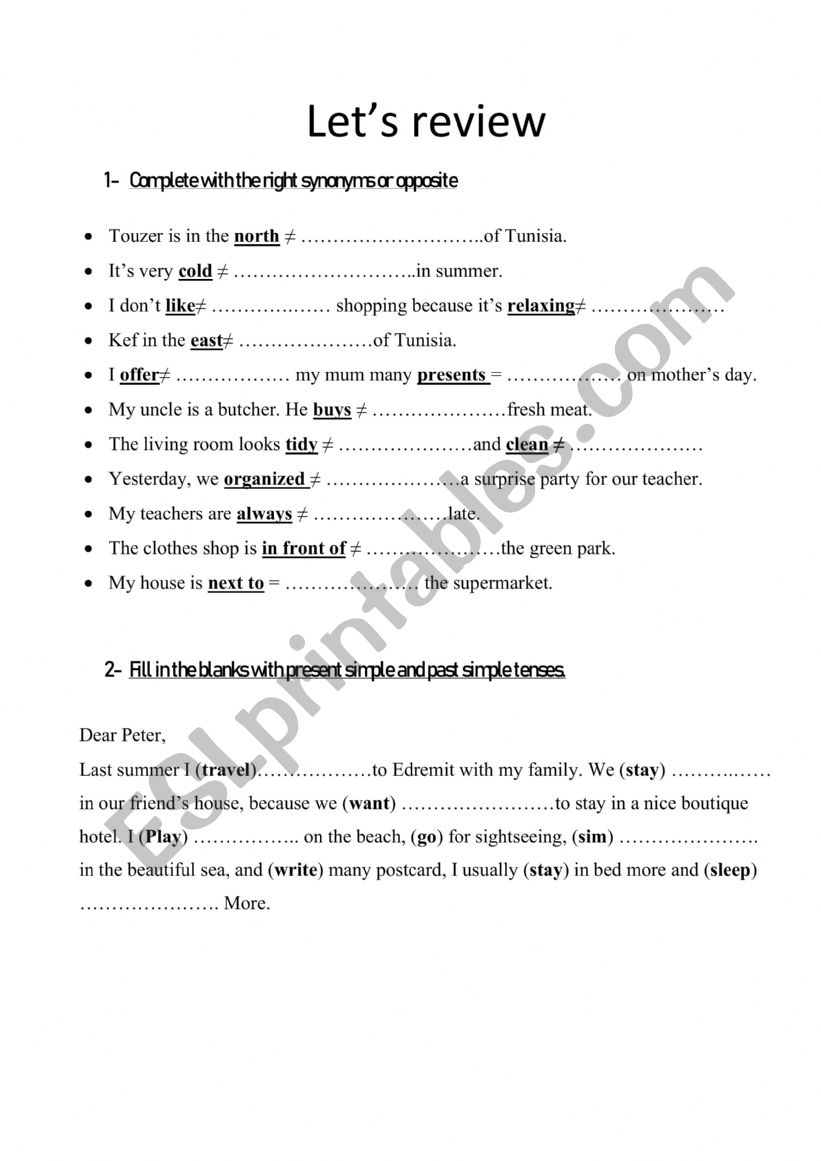 opposit worksheet