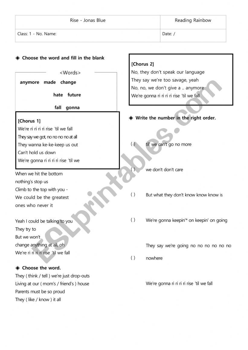 Rise_Jonas Blue worksheet