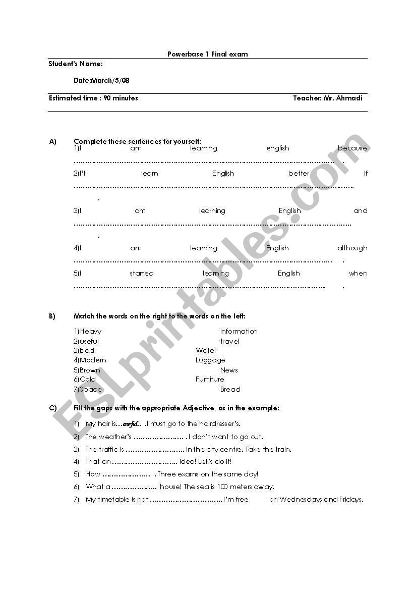 Powerbase 1 Final exam worksheet