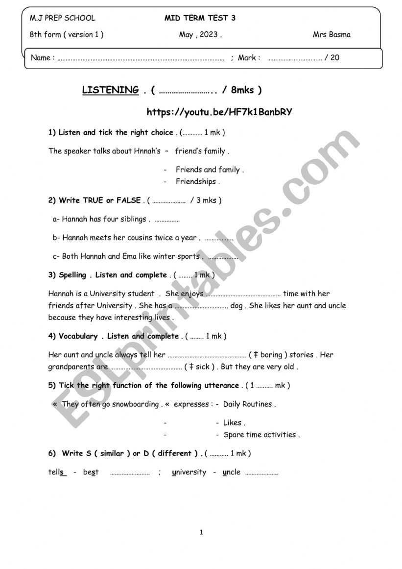 mid term test 3 8th form  worksheet