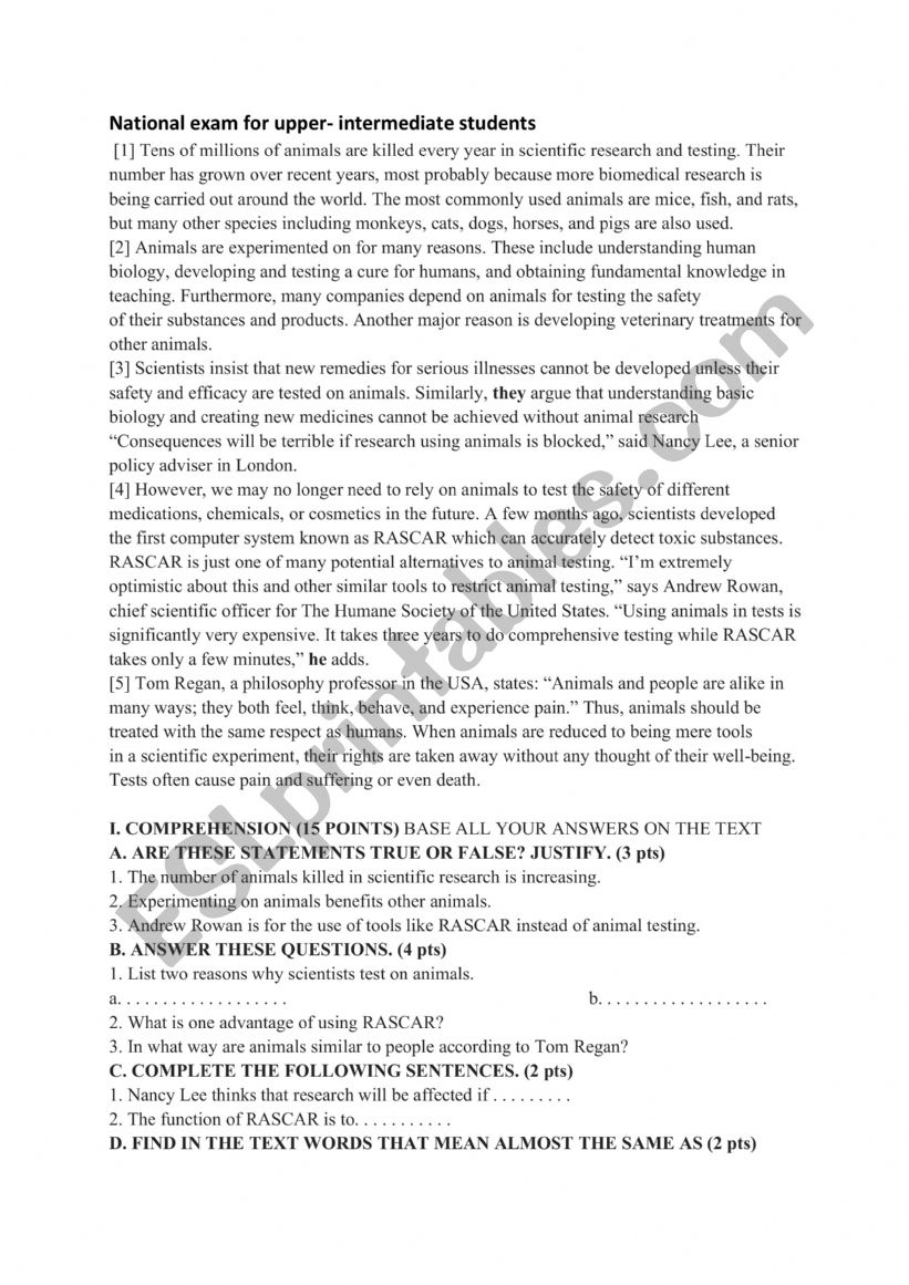 Reading comprehension worksheet