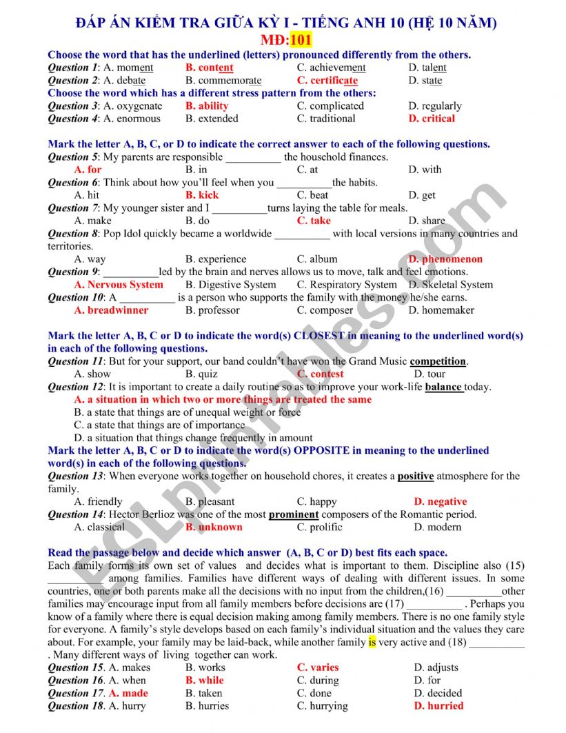 readings worksheet
