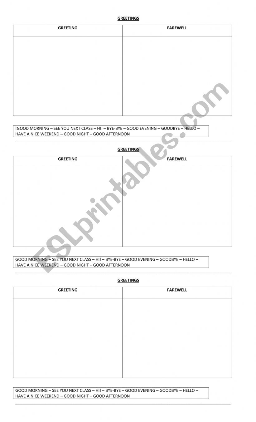 GREETINGS worksheet