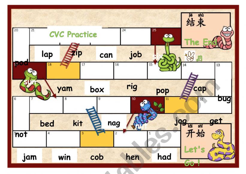 Phonics words snakes and ladders game