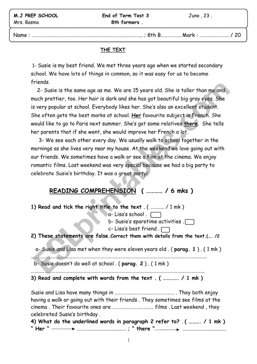 end of term test 3 8th form  worksheet