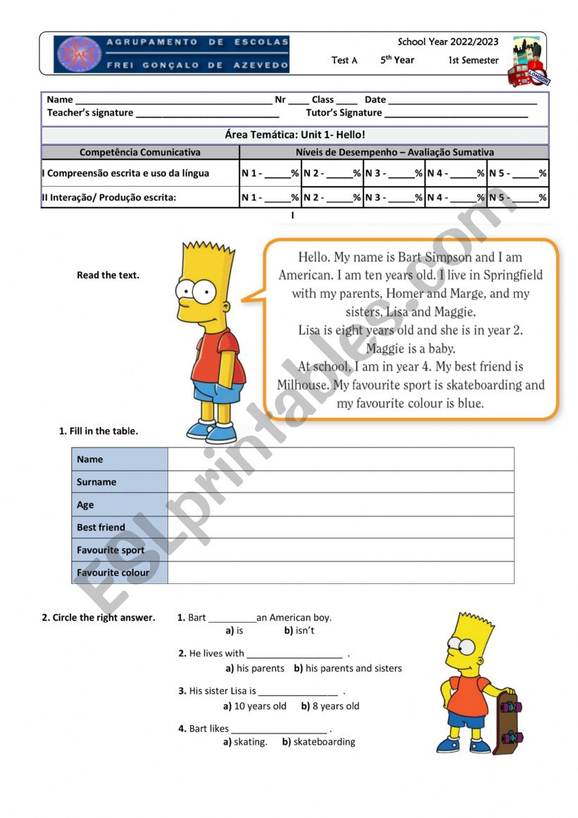 5th Year ESL test worksheet