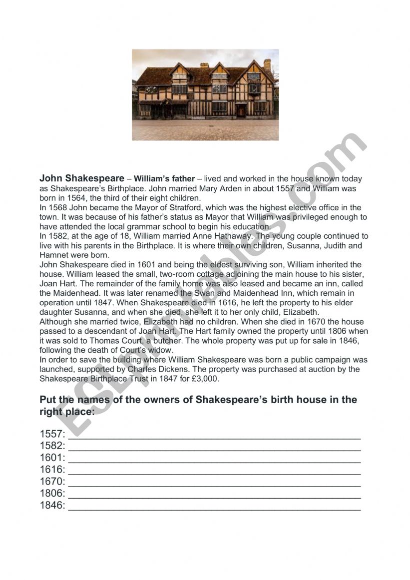 SHAKESPEARE�S HOUSE worksheet