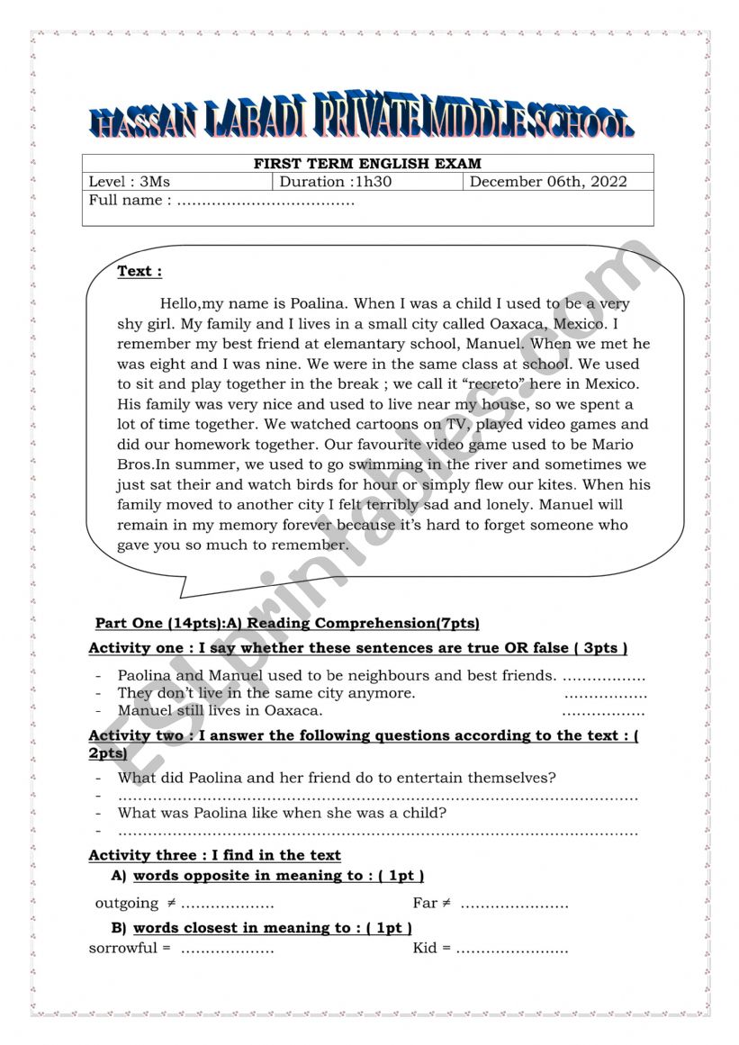 test worksheet
