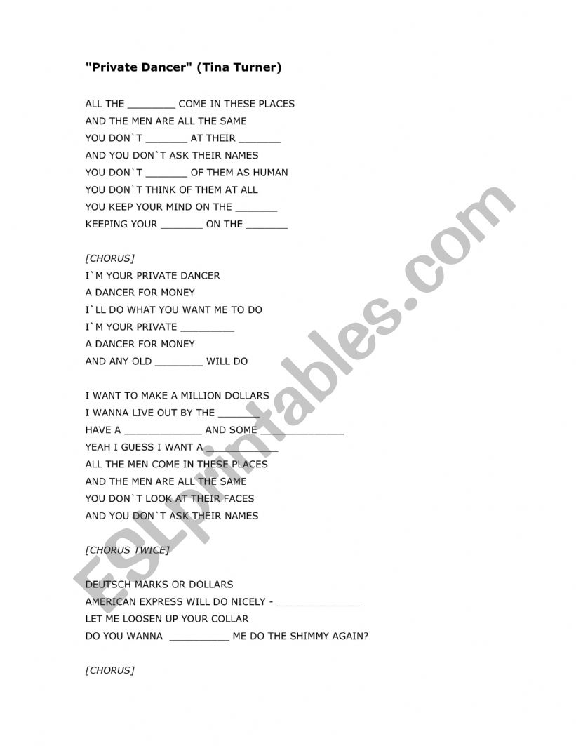 Tina Turner - Private Dancer worksheet