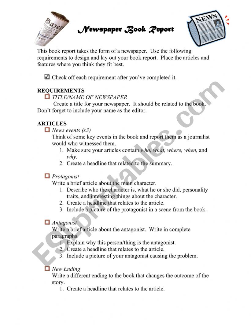 Newspaper Book Report worksheet