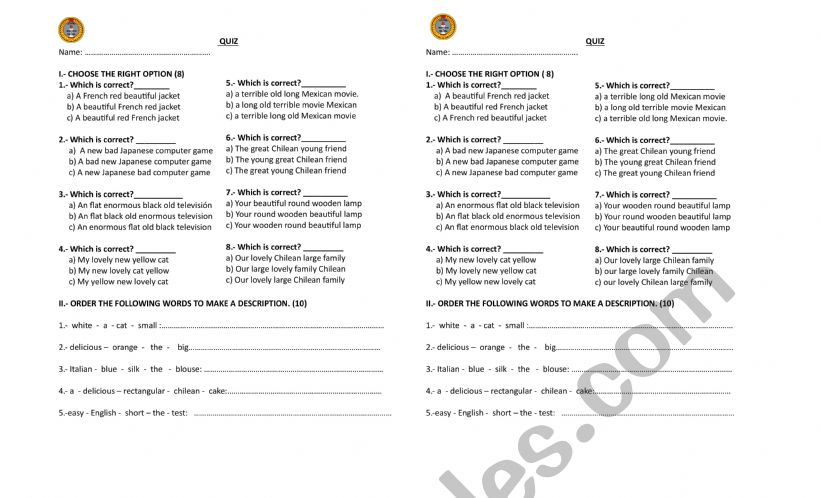 order of adjectives worksheet