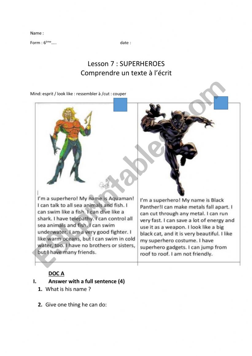 TWO SUPERHEROES TEST A1 READING COMPREHENSION 