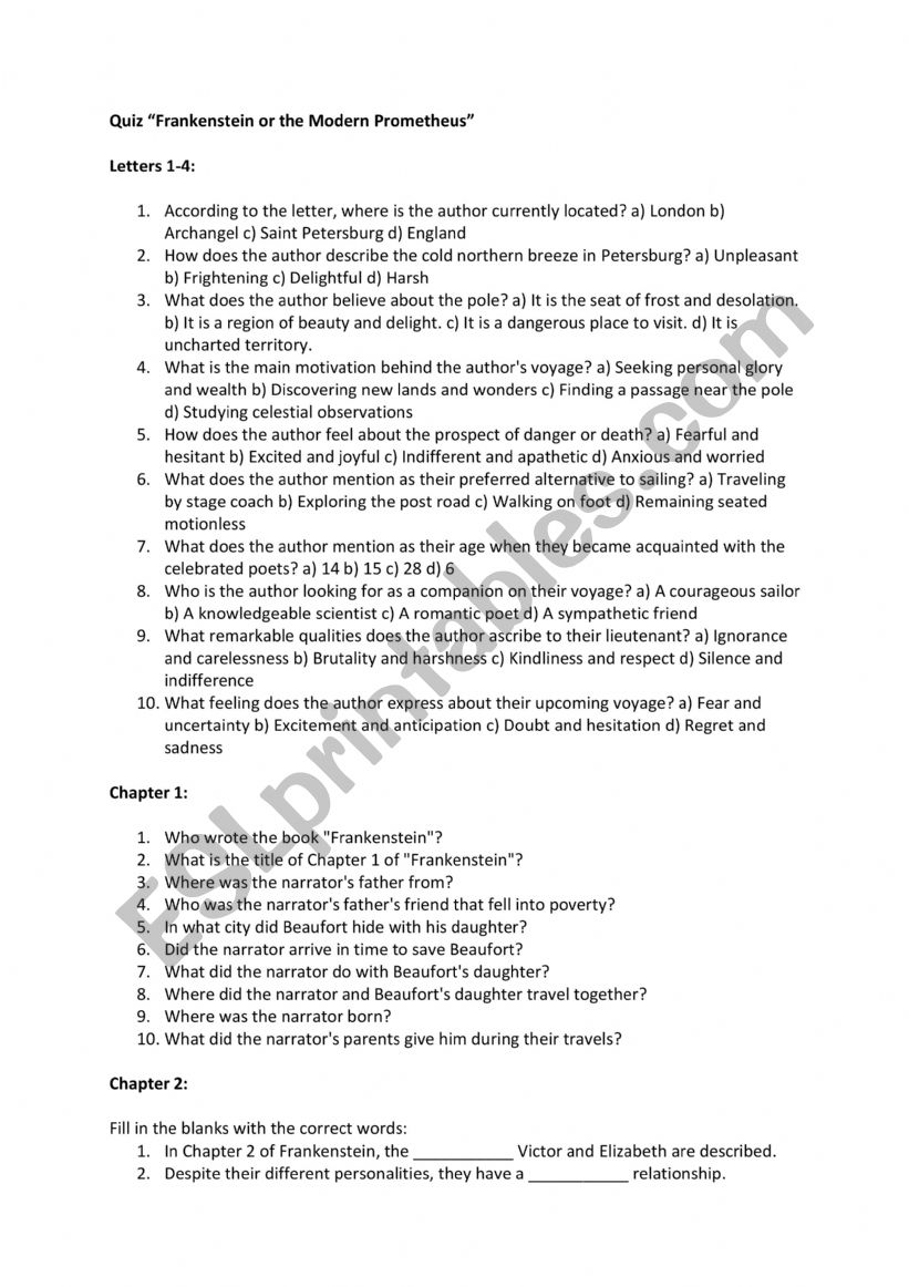 Frankenstein Quiz worksheet