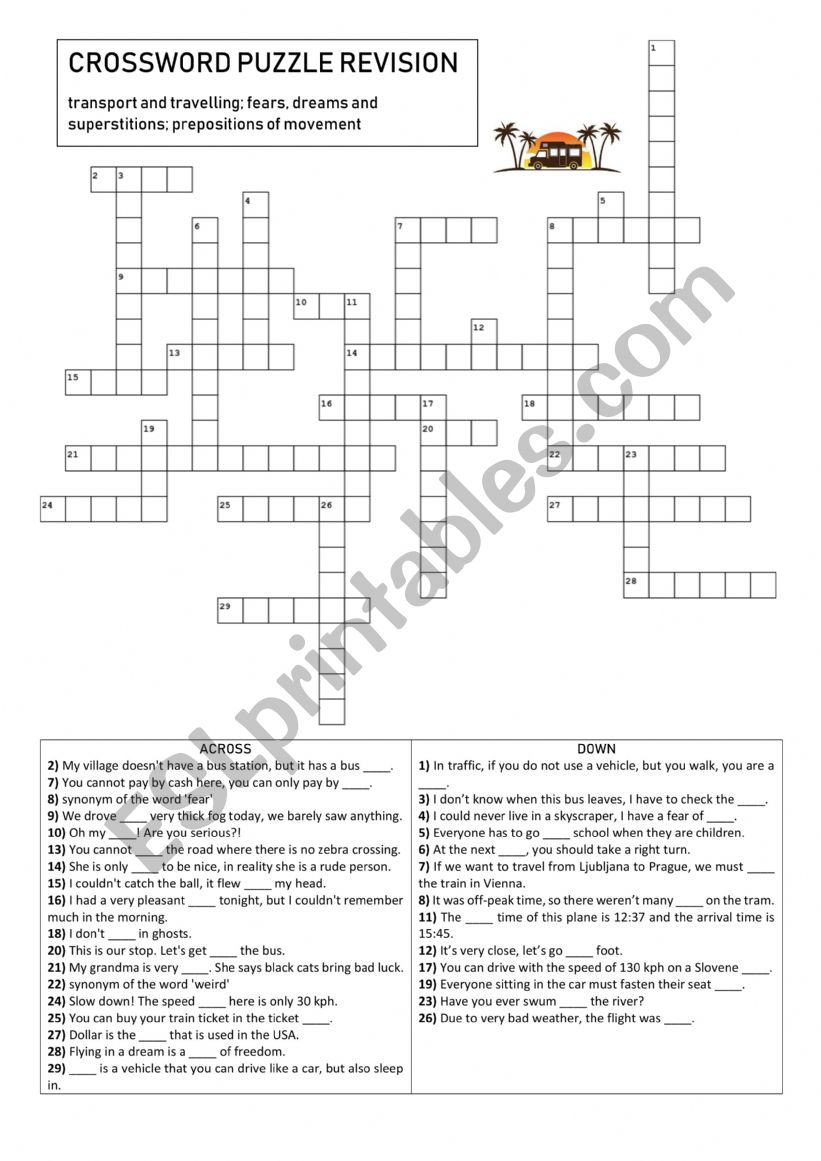 Crossword puzzle revision: transport and travelling; fears, dreams and superstitions; prepositions of movement