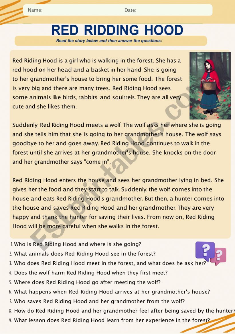 Red Ridding Hood reading comprehension 