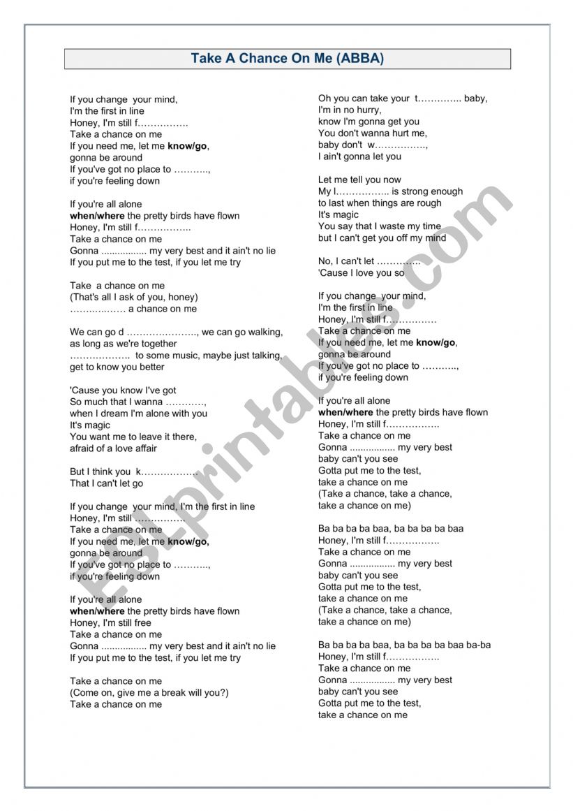 Take a chance on me by Abba worksheet