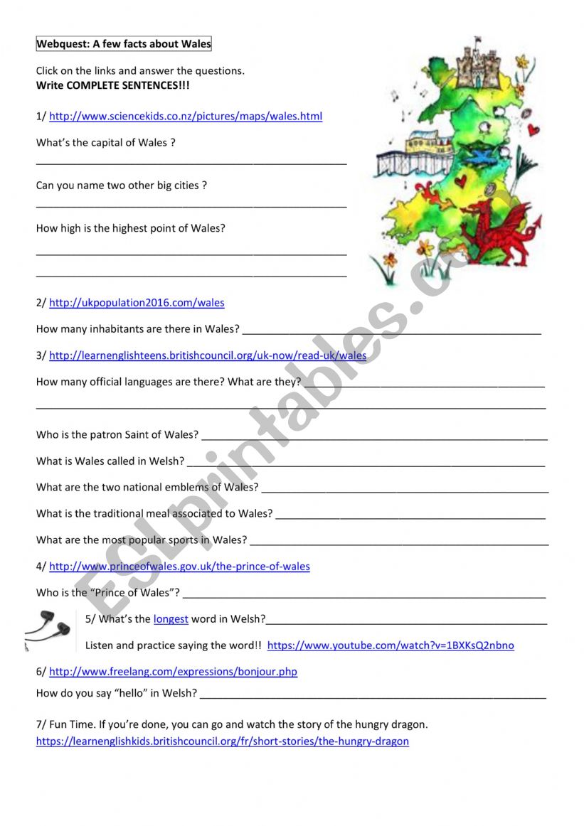 Webquest about Wales worksheet