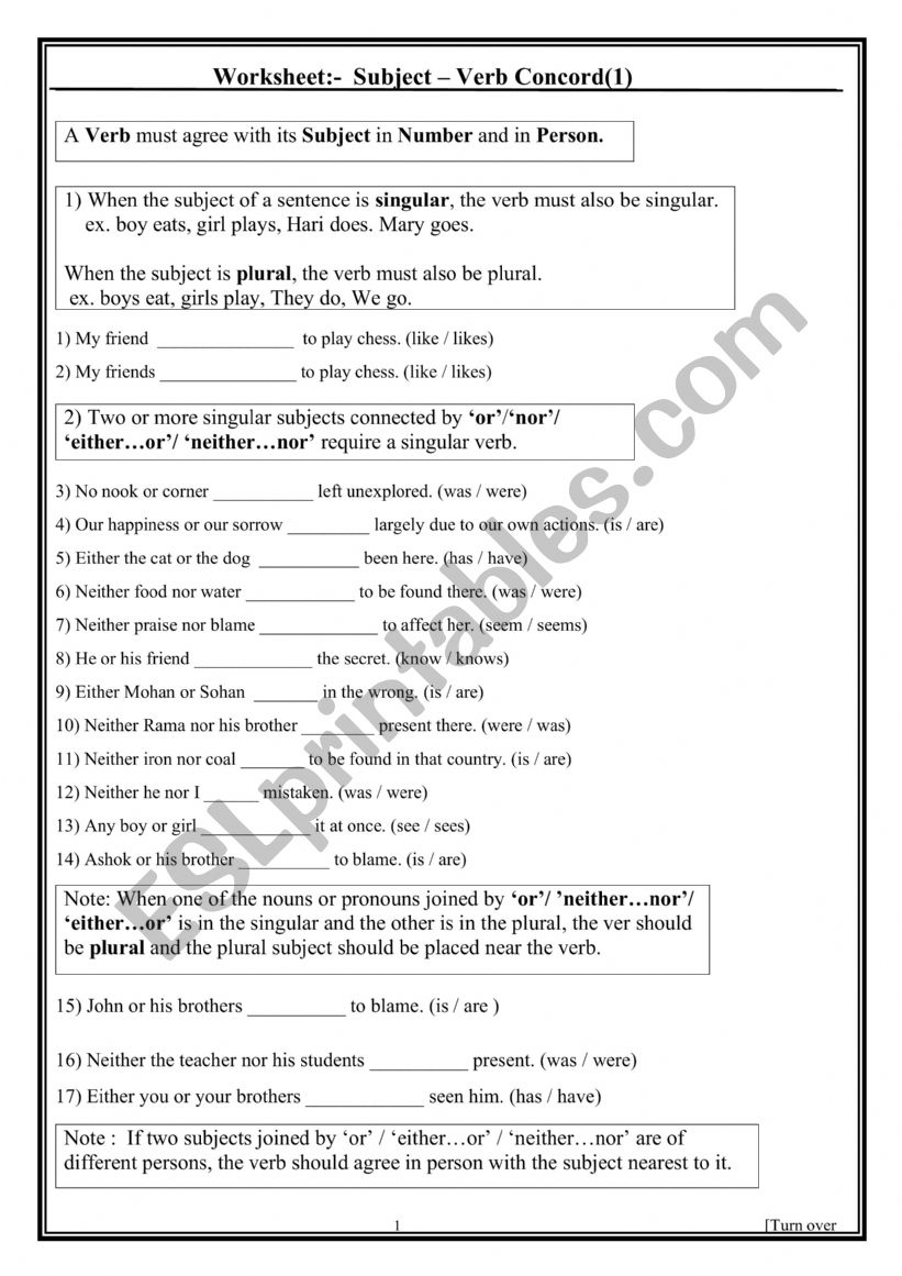 Subject Verb Concord (1) worksheet