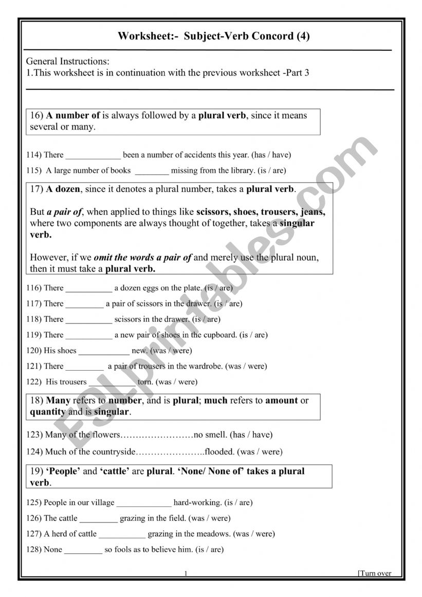 Subject Verb Concord (4) worksheet