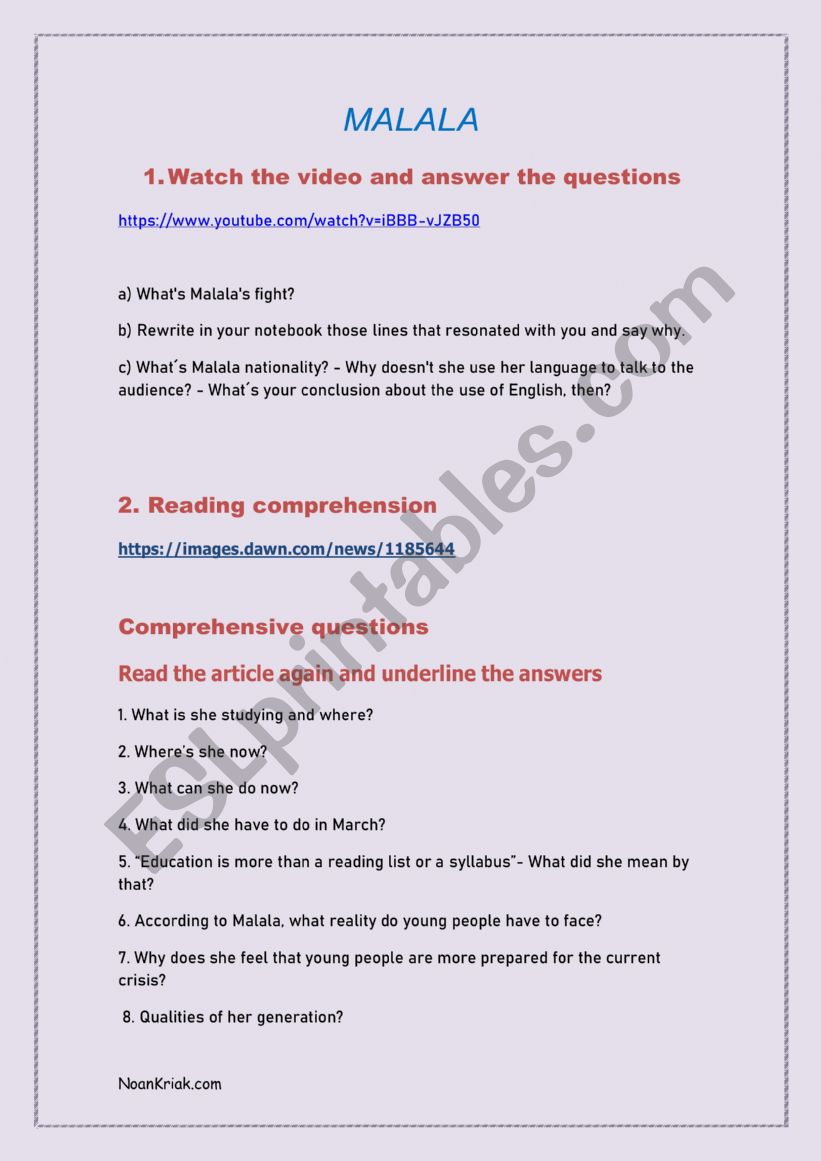 MALALA worksheet