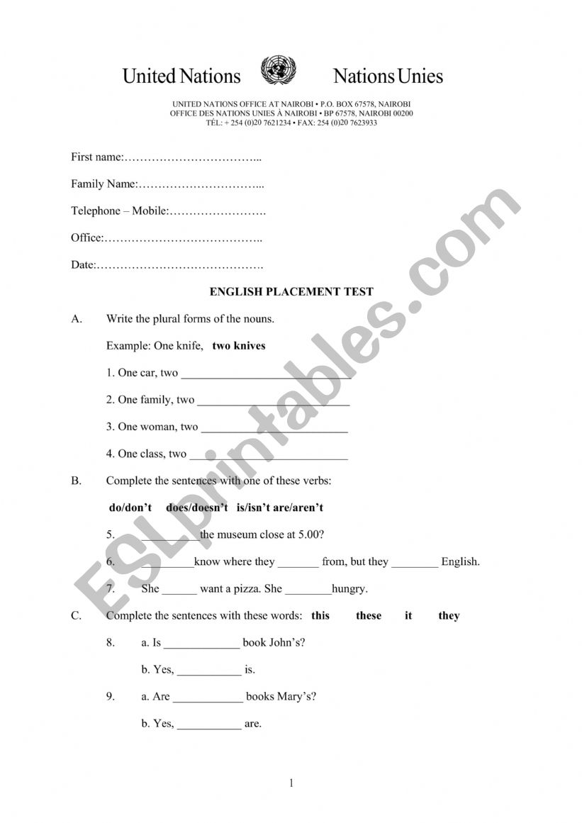 placement test worksheet