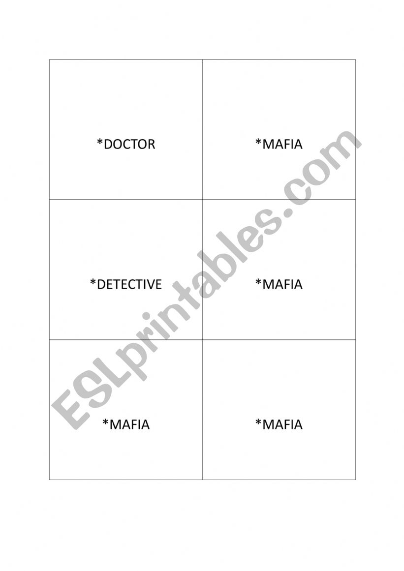 Mafia - roles cards to print worksheet