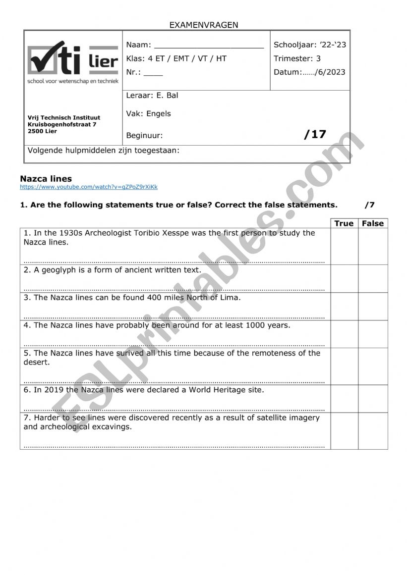 Viewing test - Nazca Lines worksheet