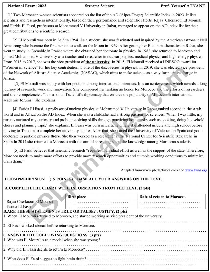 National Exam 2023 worksheet