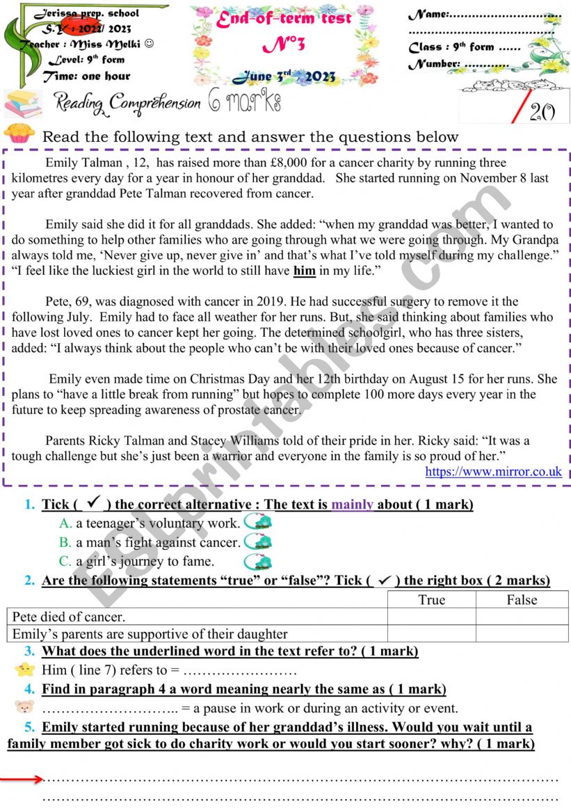 9th form end term 3 worksheet