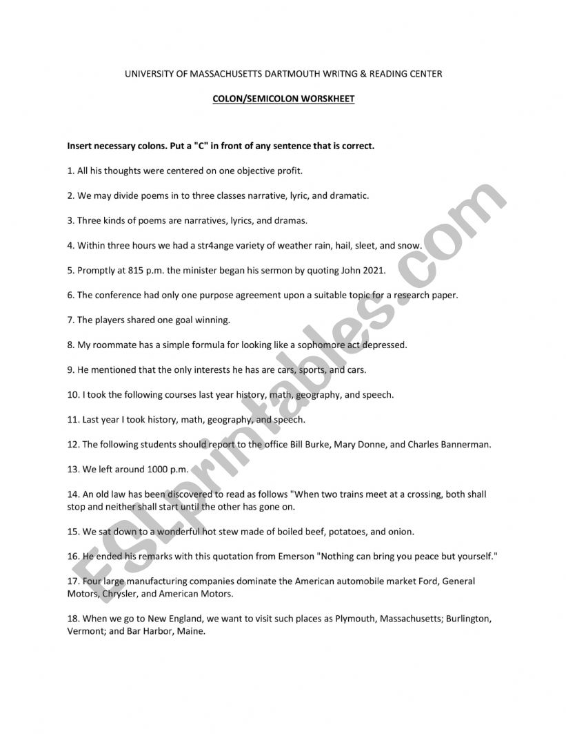 Colon/Semicolon Worksheet worksheet