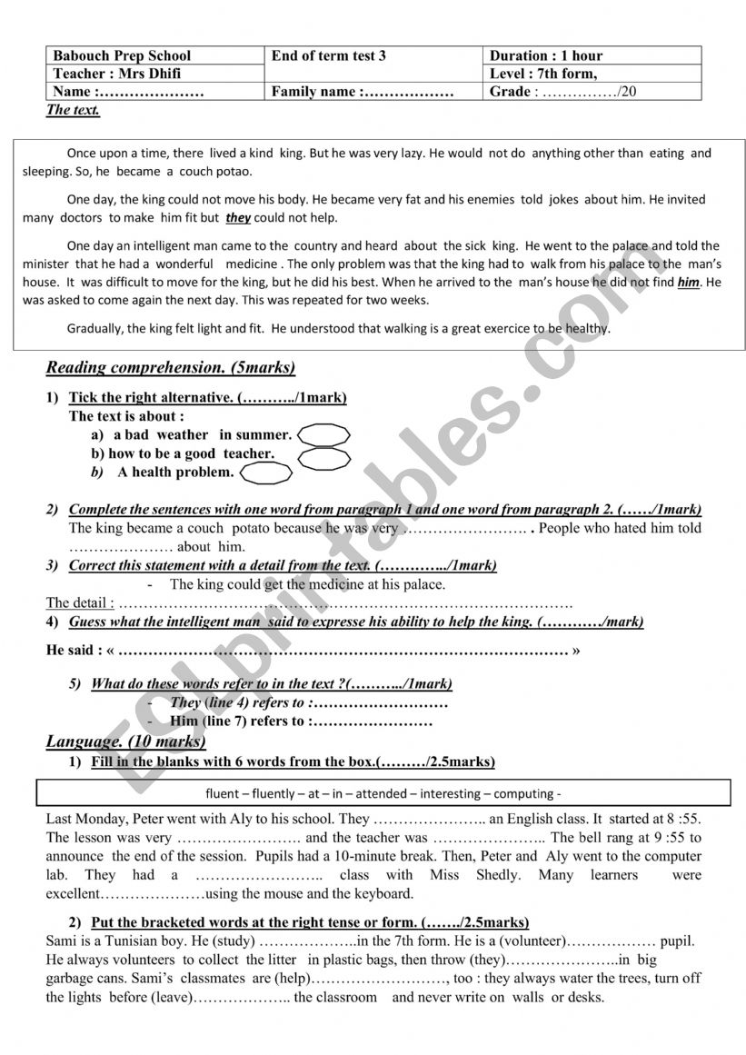 End of term test 3/ 7th form worksheet