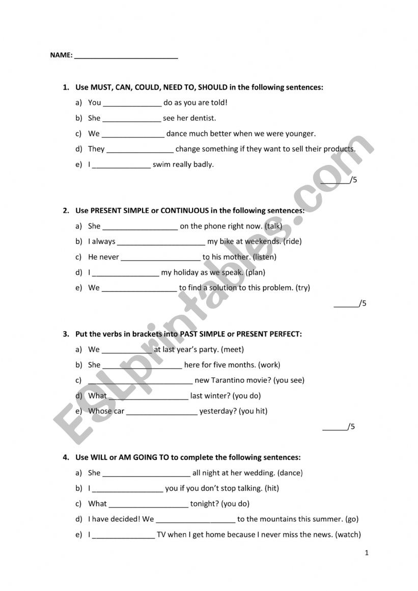B1 exam worksheet