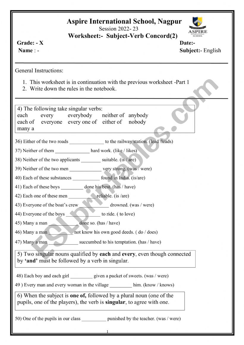 Subject Verb Concord (2) worksheet