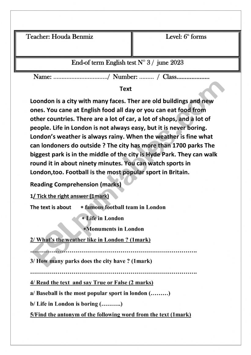6th reading worksheet