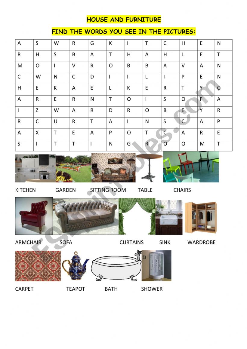 HOUSE AND FURNITURE - CROSSWORD SEARCH