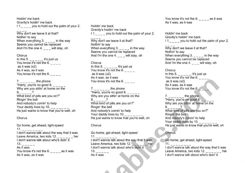 harry styles - as it was worksheet