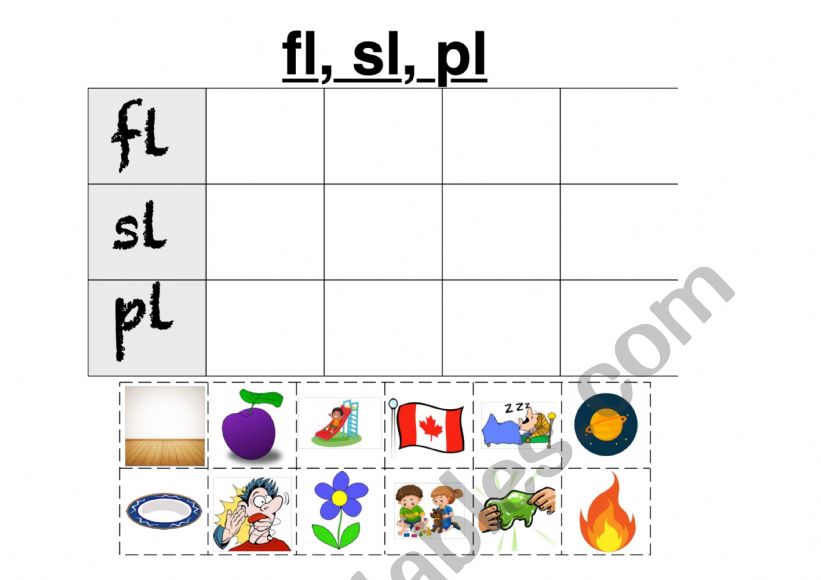 Phonics Pairs, fl, sl, pl worksheet