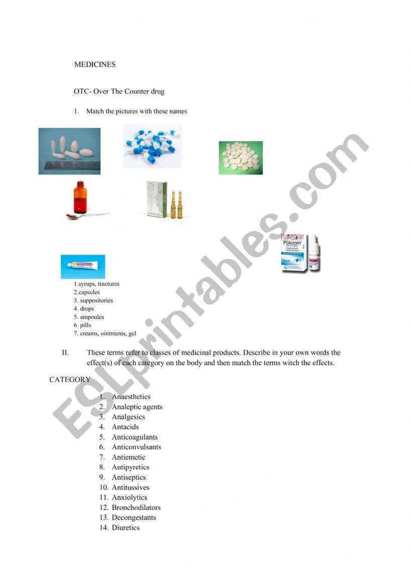 medicines worksheet