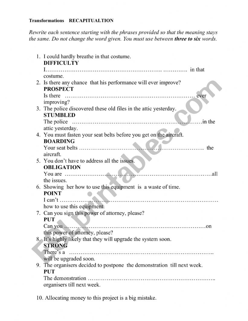 CAE Transformations revision worksheet