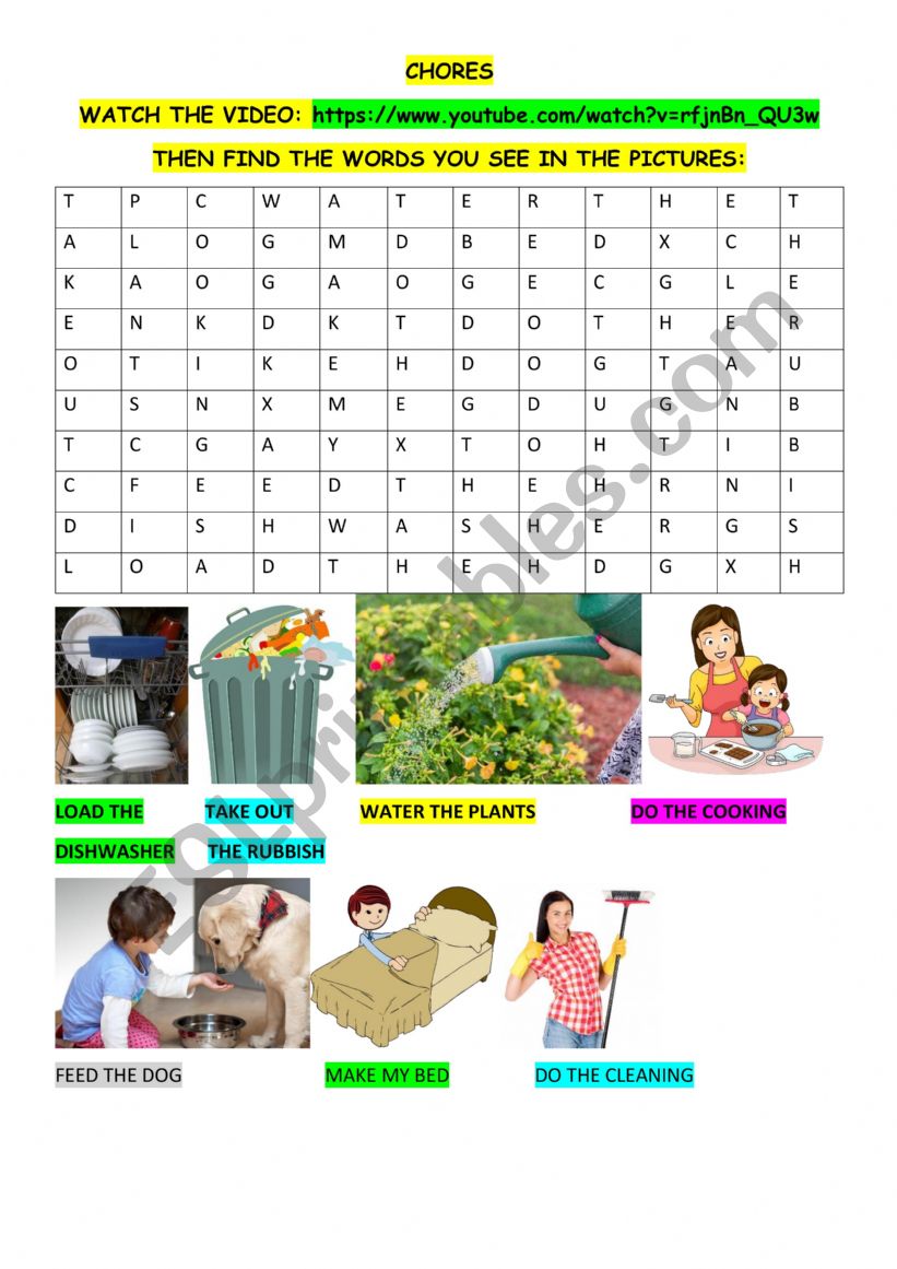 CHORES - VIDEO + WORDSEARCH ACTIVITY + KEY