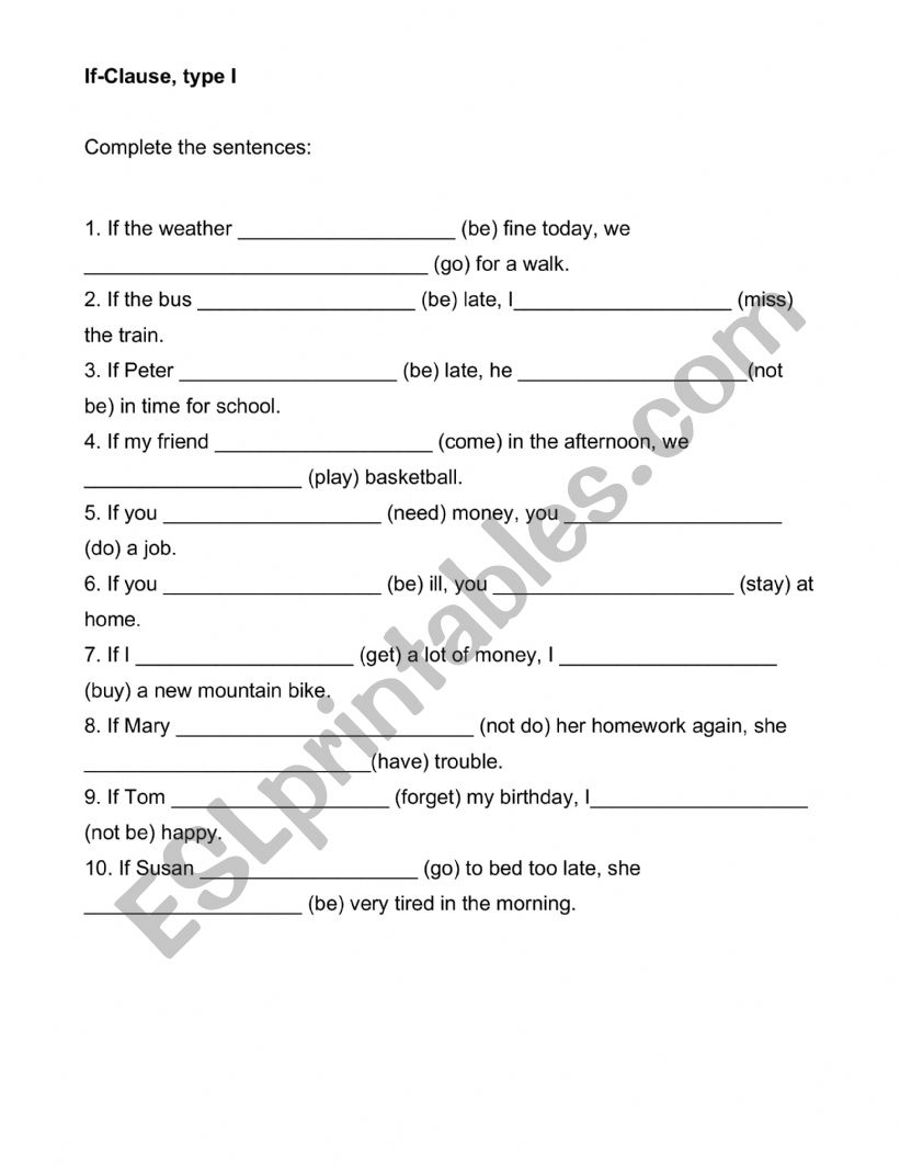 If-clause, type I worksheet