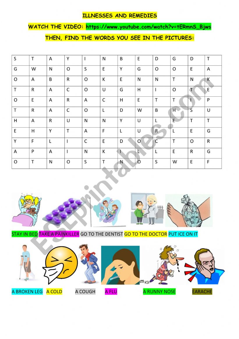 ILLNESSES AND REMEDIES -VIDEO + WORDSEARCH ACTIVITY + KEY