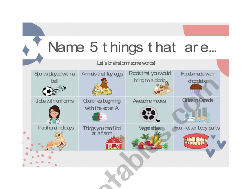 Name 5 things that are... worksheet