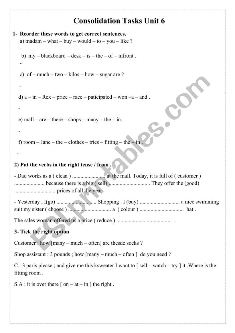 consolidation tasks unit 6 worksheet