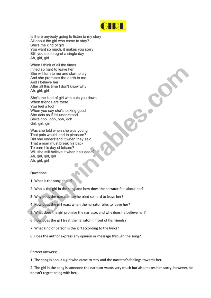 The BeatlesÃ¯Â¿Â½ song GIRL worksheet