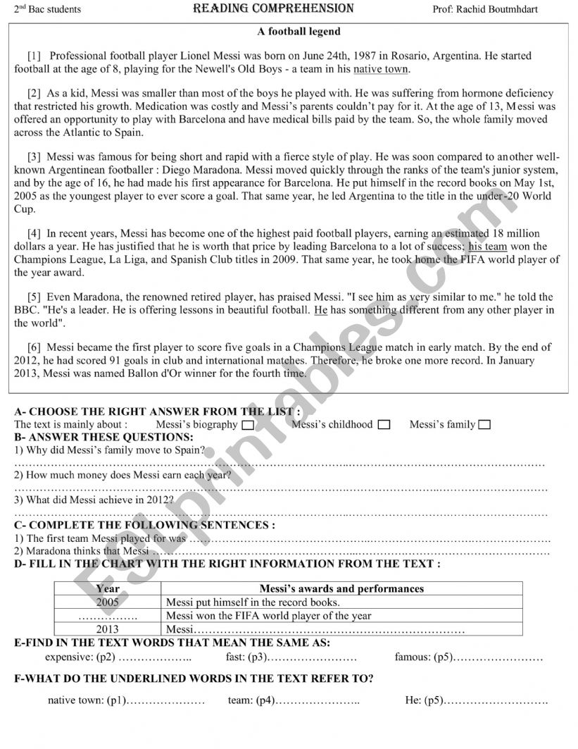 A football legend (Messi) worksheet